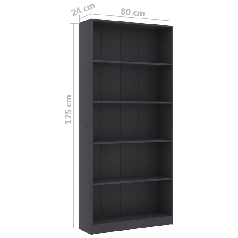 5-Tier Book Cabinet Grey 80x24x175 cm Engineered Wood