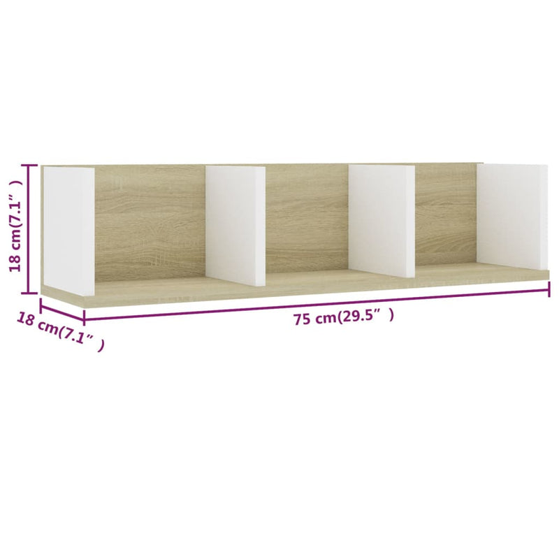 CD Wall Shelf White and Sonoma Oak 75x18x18 cm Engineered Wood