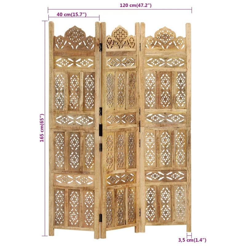 Hand Carved 3-Panel Room Divider 120x165 cm Solid Mango Wood