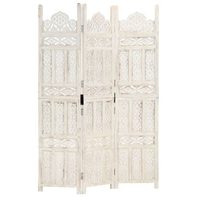 Hand carved 3-Panel Room Divider White 120x165 cm Solid Mango Wood