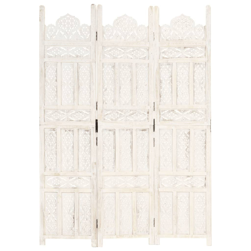 Hand carved 3-Panel Room Divider White 120x165 cm Solid Mango Wood