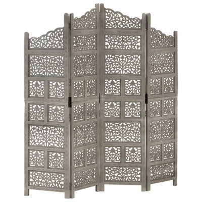 Hand carved 4-Panel Room Divider Grey 160x165 cm Solid Mango Wood