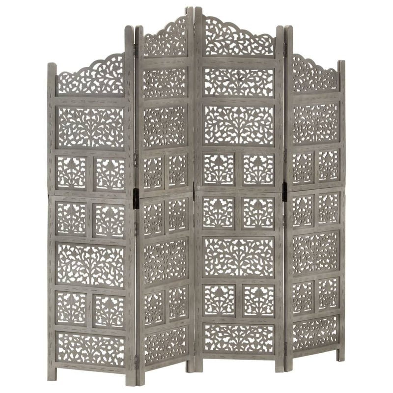 Hand carved 4-Panel Room Divider Grey 160x165 cm Solid Mango Wood