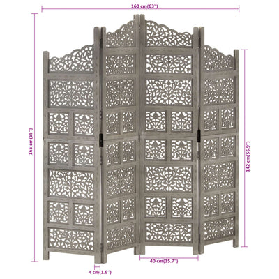 Hand carved 4-Panel Room Divider Grey 160x165 cm Solid Mango Wood