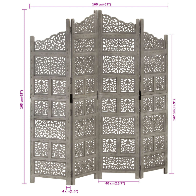 Hand carved 4-Panel Room Divider Grey 160x165 cm Solid Mango Wood