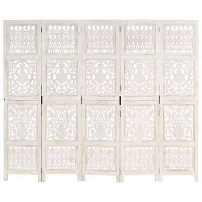 Hand carved 5-Panel Room Divider White 200x165 cm Solid Mango Wood