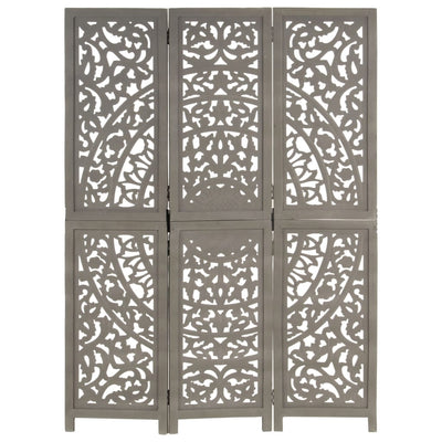 Hand carved 3-Panel Room Divider Grey 120x165 cm Solid Mango Wood