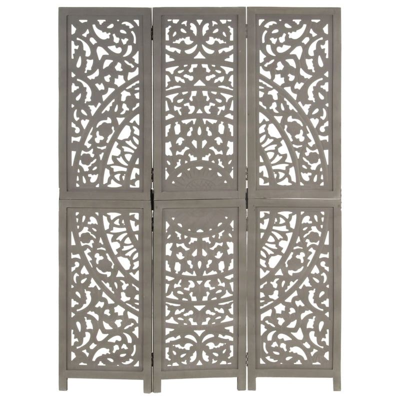 Hand carved 3-Panel Room Divider Grey 120x165 cm Solid Mango Wood