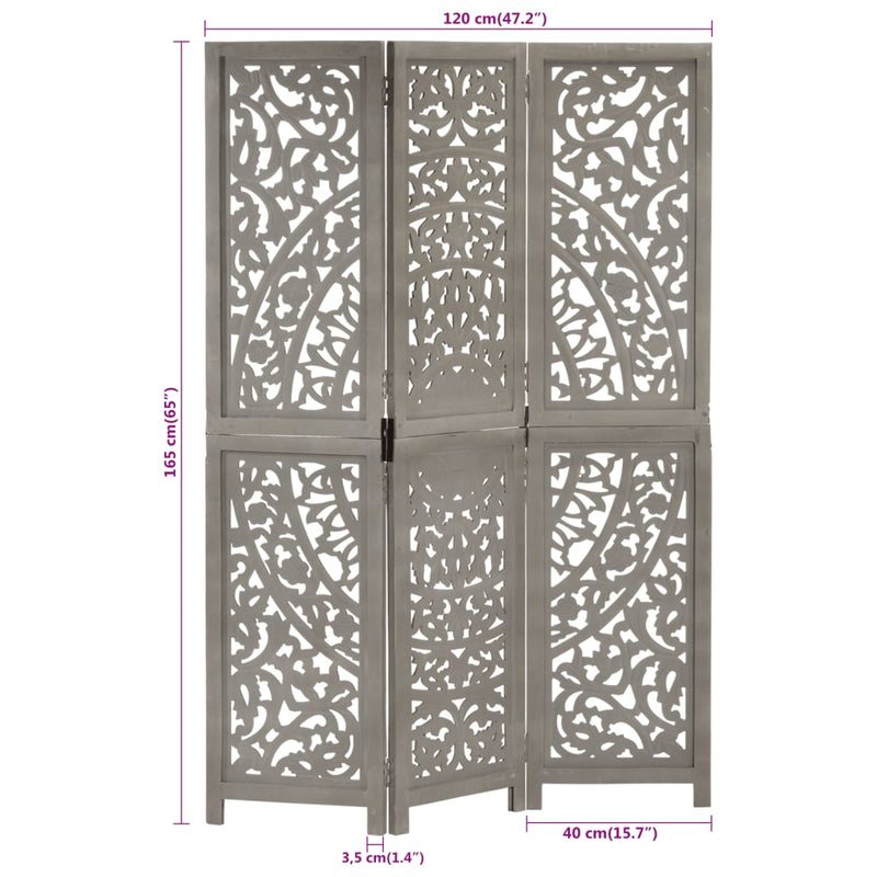 Hand carved 3-Panel Room Divider Grey 120x165 cm Solid Mango Wood