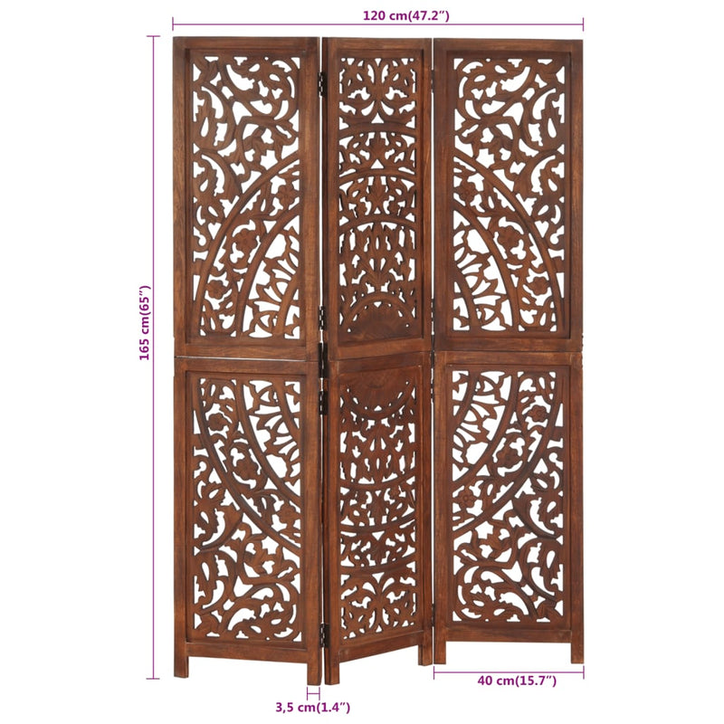 Hand carved 3-Panel Room Divider Brown 120x165 cm Solid Mango Wood