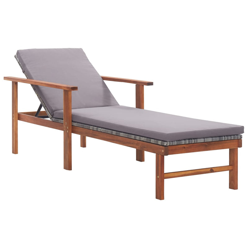 Sun Lounger with Cushion Poly Rattan and Solid Acacia Wood Grey