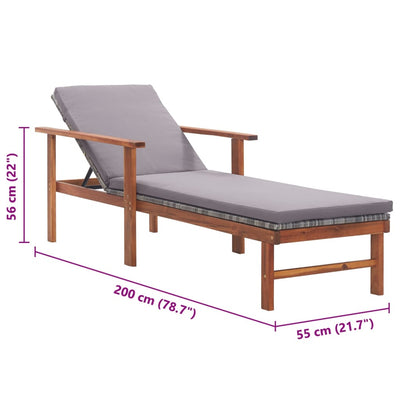 Sun Lounger with Cushion Poly Rattan and Solid Acacia Wood Grey