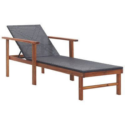 Sun Lounger with Cushion Poly Rattan and Solid Acacia Wood Black