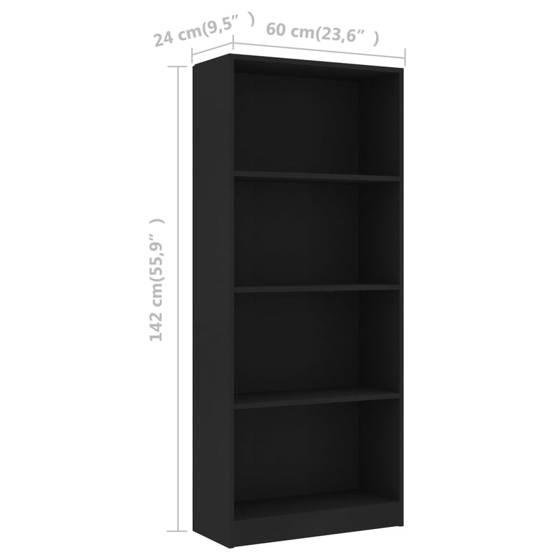 4-Tier Book Cabinet Black 60x24x142 cm Engineered Wood