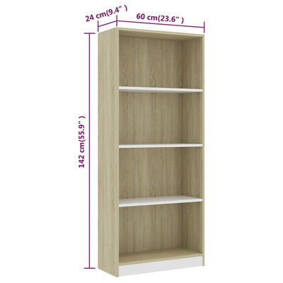 4-Tier Book Cabinet White and Sonoma Oak 60x24x142 cm Engineered Wood