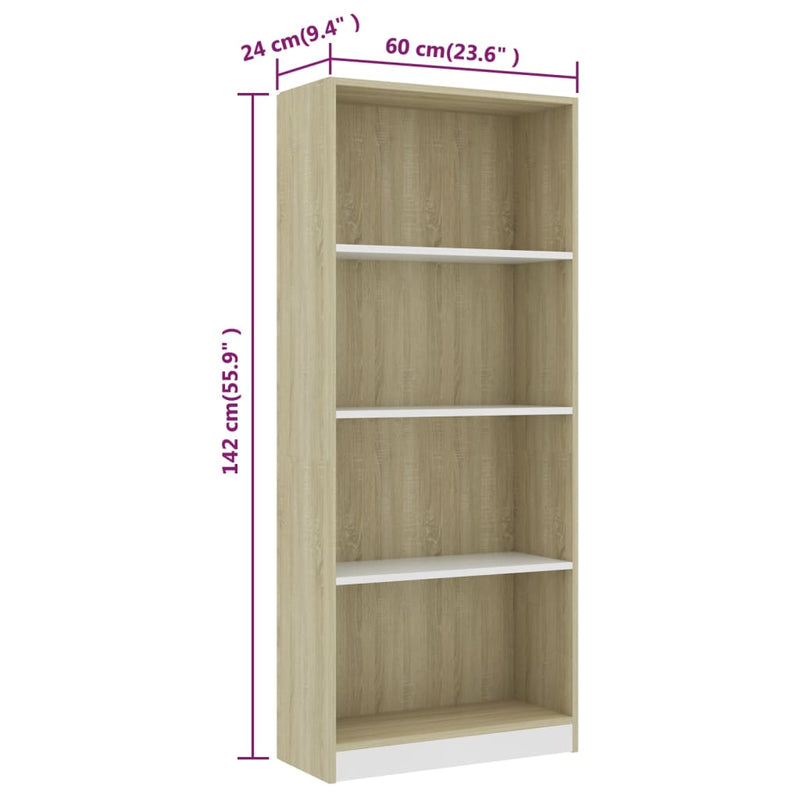 4-Tier Book Cabinet White and Sonoma Oak 60x24x142 cm Engineered Wood