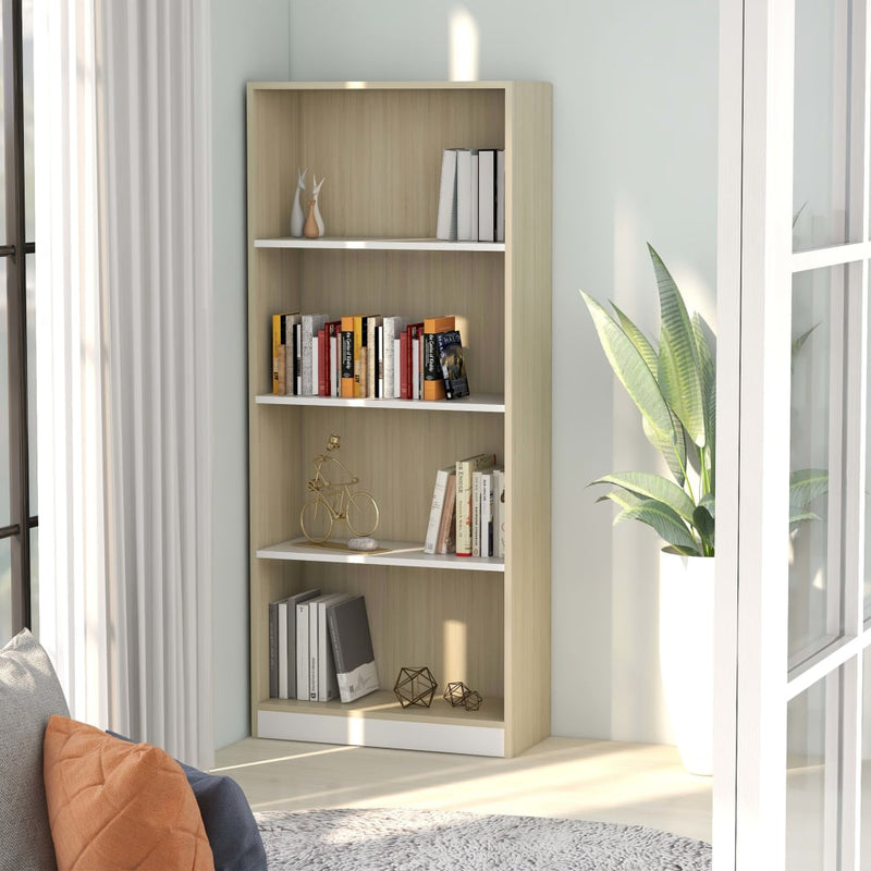 4-Tier Book Cabinet White and Sonoma Oak 60x24x142 cm Engineered Wood