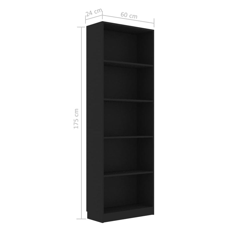 5-Tier Book Cabinet Black 60x24x175 cm Engineered Wood