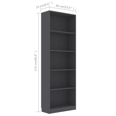 5-Tier Book Cabinet Grey 60x24x175 cm Engineered Wood