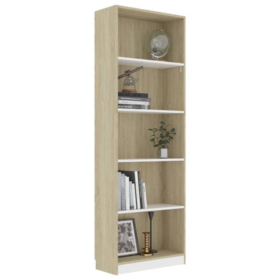 5-Tier Book Cabinet White and Sonoma Oak 60x24x175 cm Engineered Wood