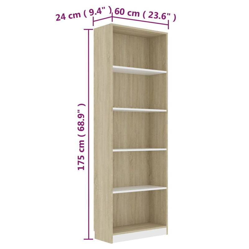 5-Tier Book Cabinet White and Sonoma Oak 60x24x175 cm Engineered Wood