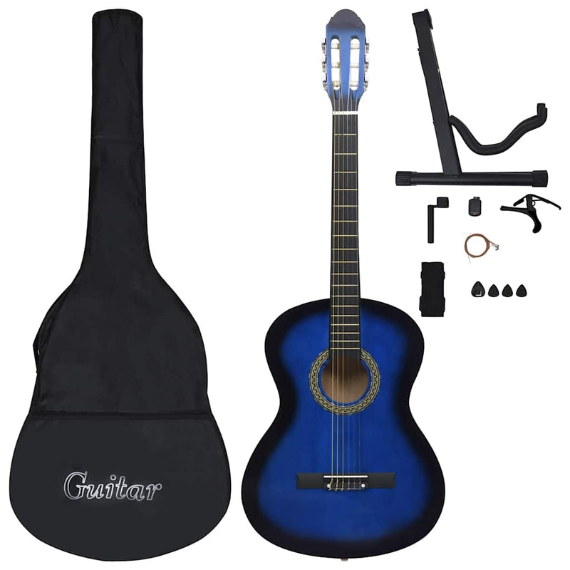 12 Piece Classical Guitar Beginner Set Blue 4/4 39"