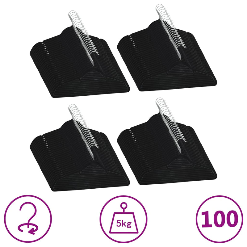 100 pcs Clothes Hanger Set Anti-slip Black Velvet