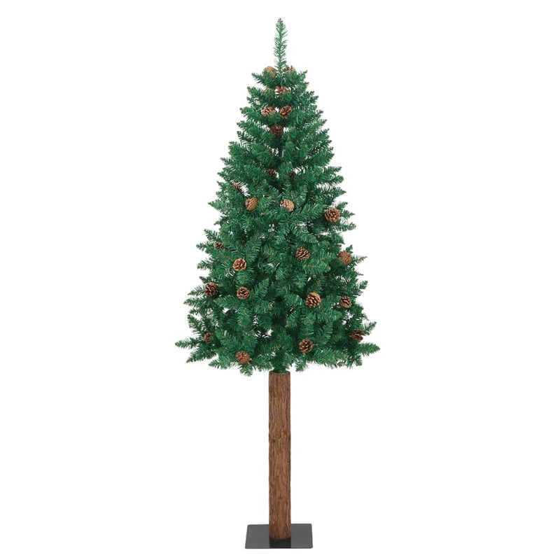 Slim Christmas Tree with Real Wood and Cones Green 150 cm PVC