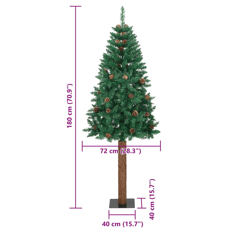 Slim Christmas Tree with Real Wood and Cones Green 180 cm PVC