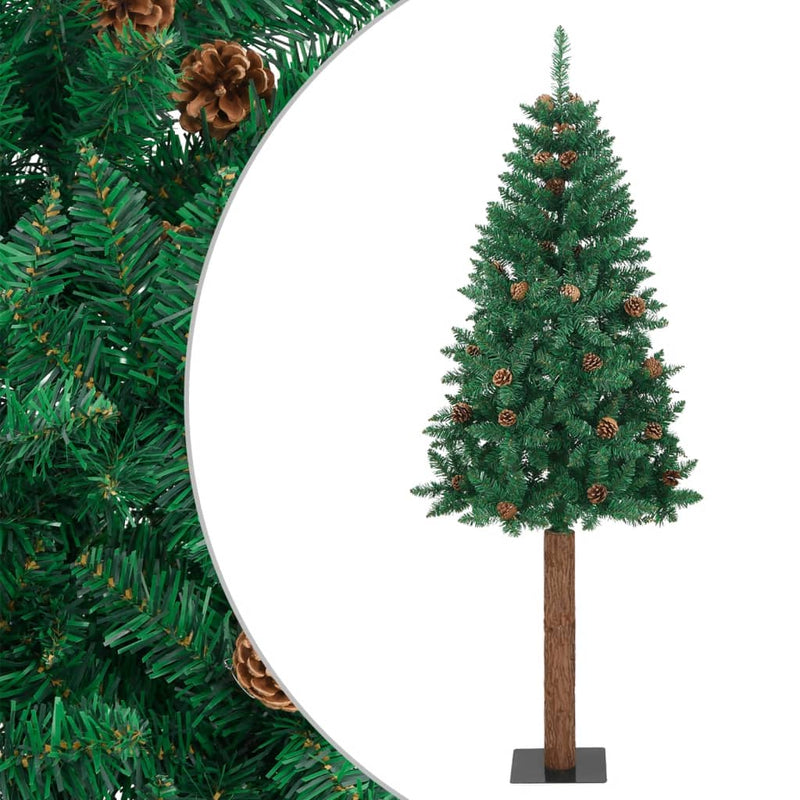 Slim Christmas Tree with Real Wood and Cones Green 210 cm PVC