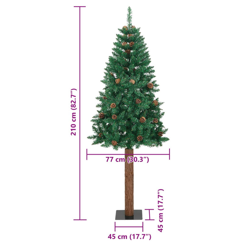 Slim Christmas Tree with Real Wood and Cones Green 210 cm PVC