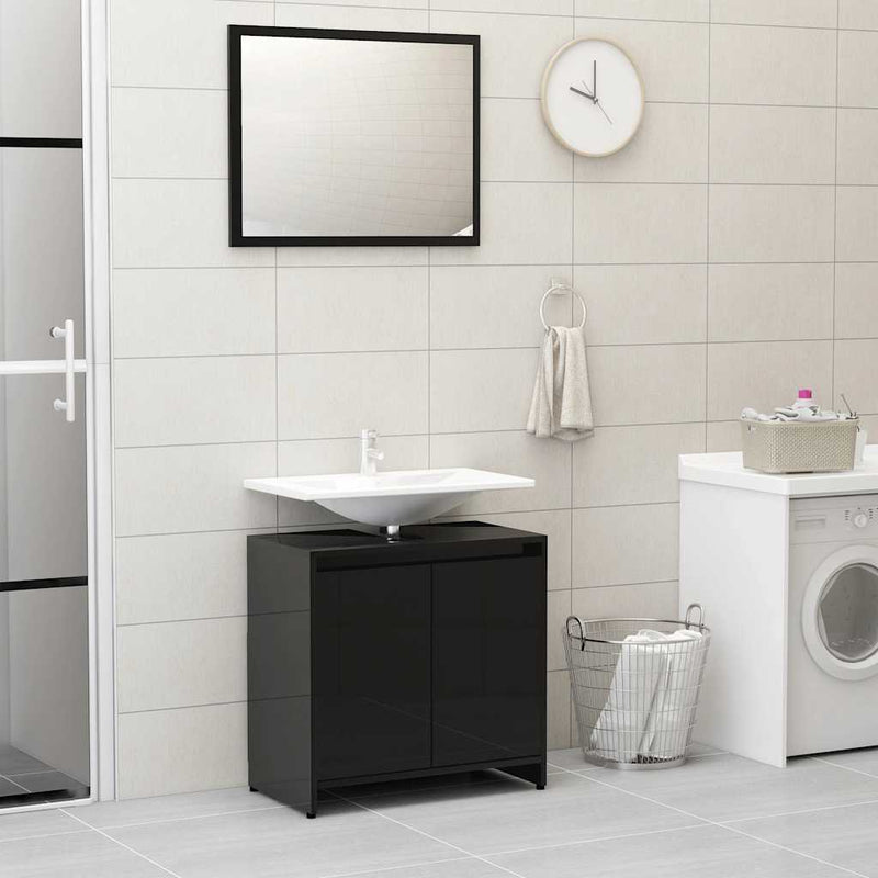 Bathroom Furniture Set High Gloss Black Engineered Wood