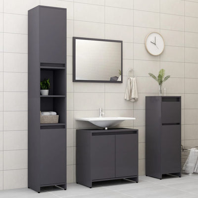 Bathroom Cabinet High Gloss Grey 30x30x95 cm Engineered Wood