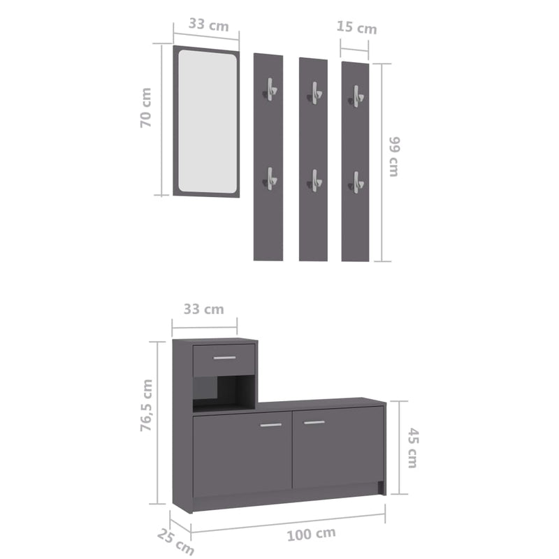 Hallway Unit High Gloss Grey 100x25x76.5 cm Engineered Wood