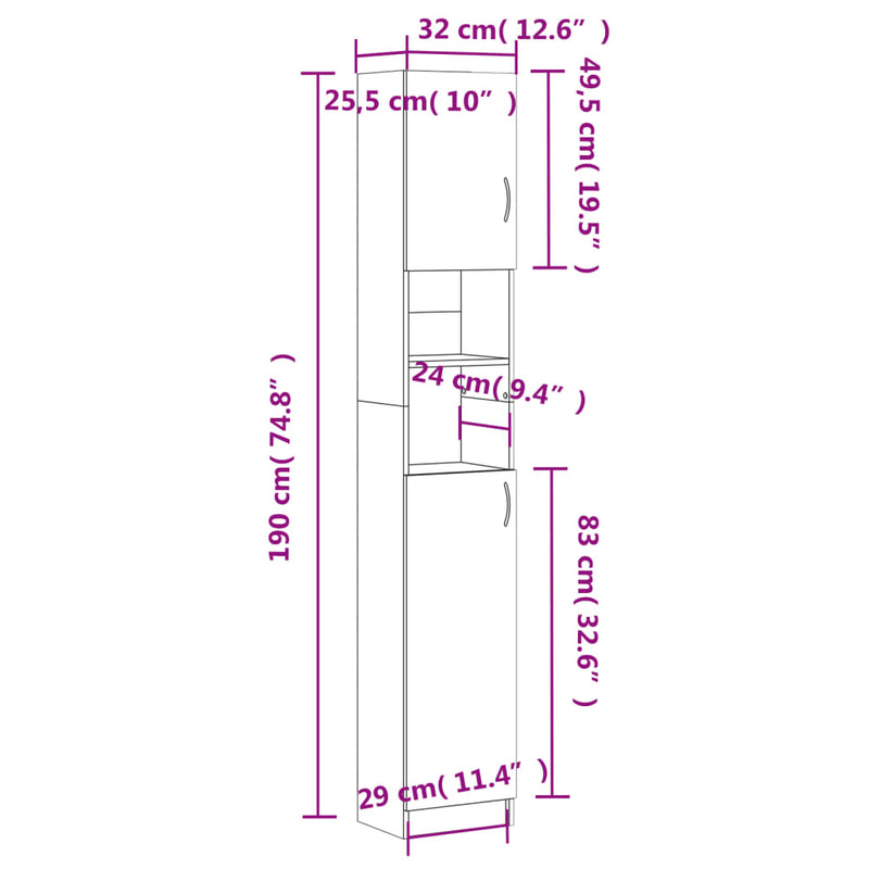 Bathroom Cabinet White 32x25.5x190 cm Engineered Wood