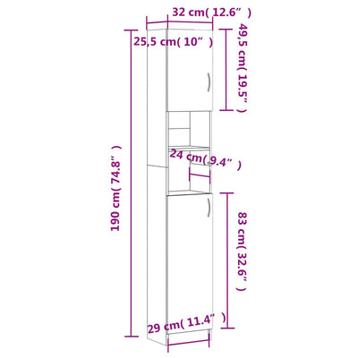 Bathroom Cabinet Grey 32x25.5x190 cm Engineered Wood