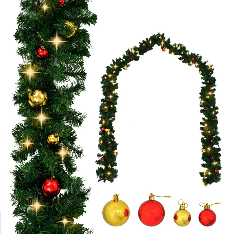 Christmas Garland with Baubles and LED Lights Green 10 m PVC