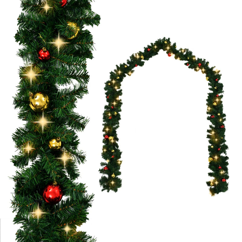 Christmas Garland with Baubles and LED Lights Green 10 m PVC