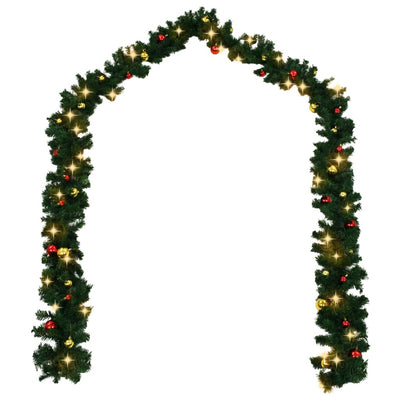 Christmas Garland with Baubles and LED Lights Green 10 m PVC