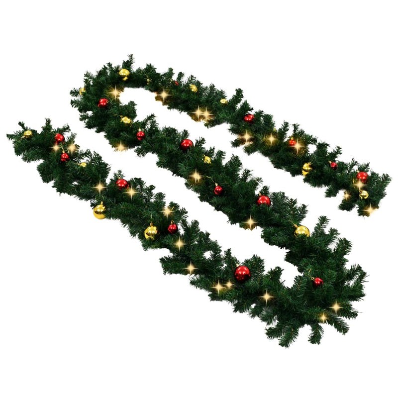 Christmas Garland with Baubles and LED Lights Green 10 m PVC