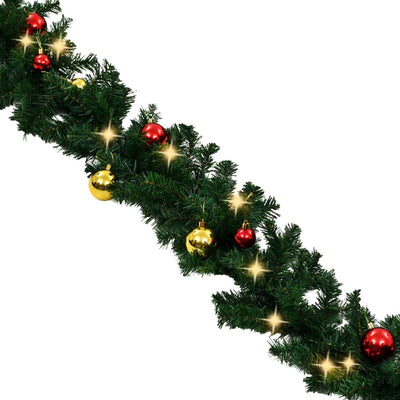 Christmas Garland with Baubles and LED Lights Green 10 m PVC