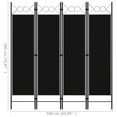 4-Panel Room Divider Black 160x180 cm