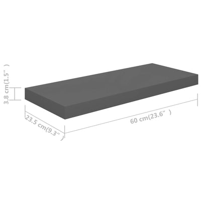 Floating Wall Shelves 2 pcs High Gloss Grey 60x23.5x3.8 cm MDF