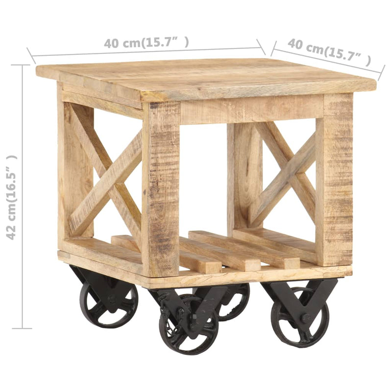 Side Table with Wheels 40x40x42 cm Rough Mango Wood