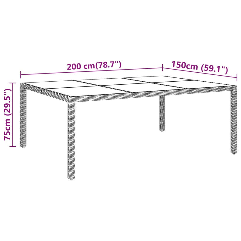 Garden Table 200x150x75 cm Tempered Glass and Poly Rattan Grey