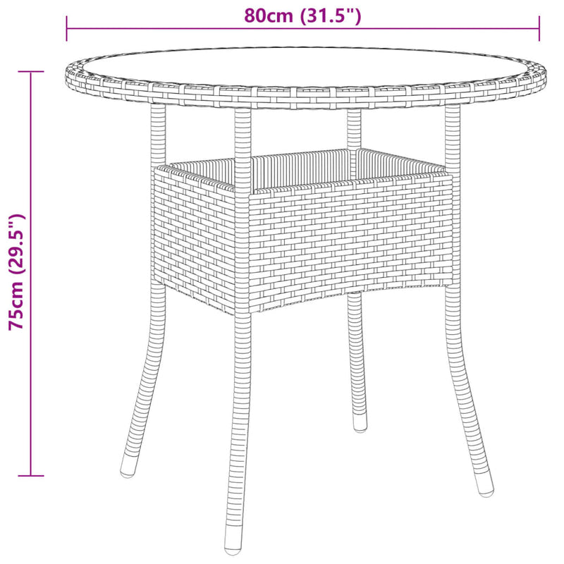 Garden Table Ø80x75 cm Tempered Glass and Poly Rattan Brown