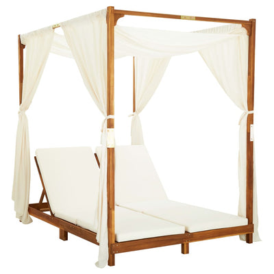 Double Sun Lounger with Curtains & Cushions Solid Acacia Wood