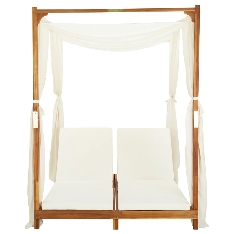 Double Sun Lounger with Curtains & Cushions Solid Acacia Wood