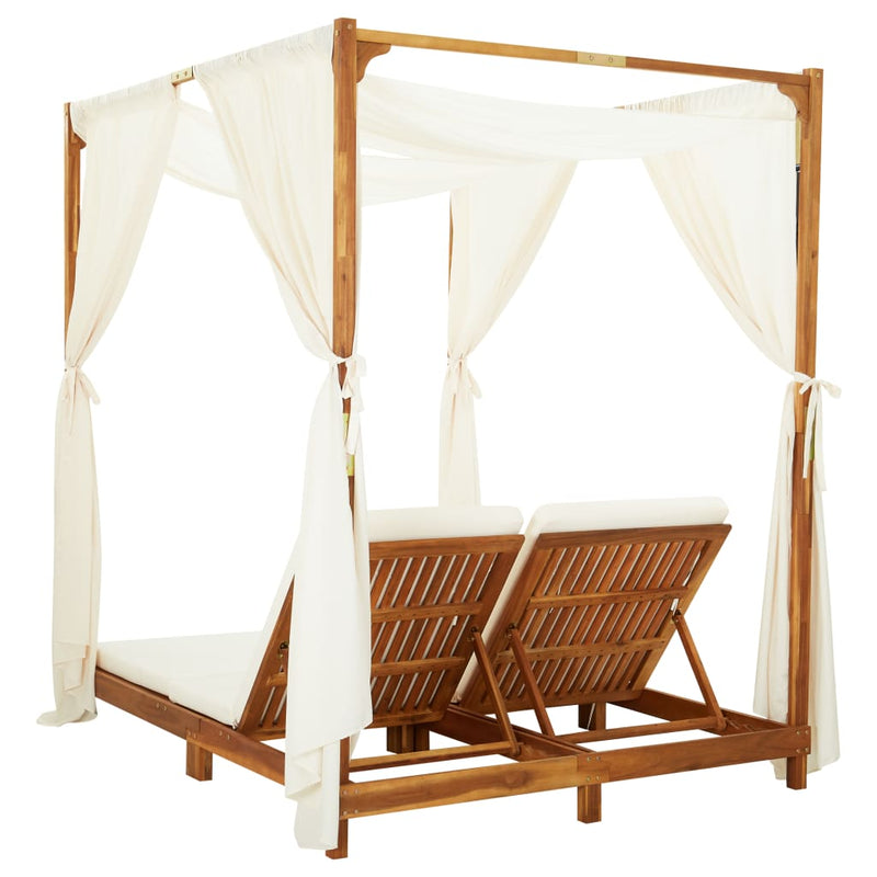 Double Sun Lounger with Curtains & Cushions Solid Acacia Wood