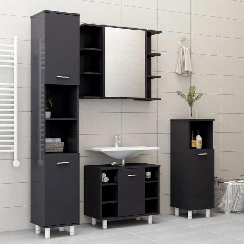 Bathroom Cabinet High Gloss Grey 30x30x95 cm Engineered Wood